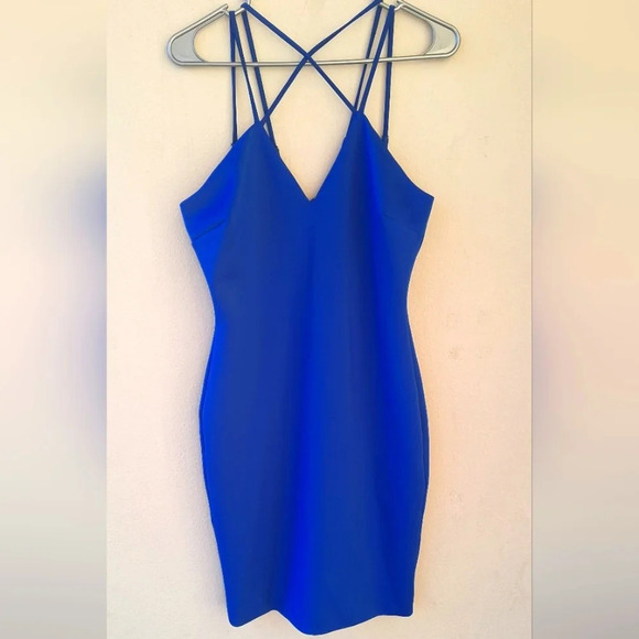 Guess Blue Women's Mini Strip Dress V Neck Crossed in front Size L - Picture 2 of 7